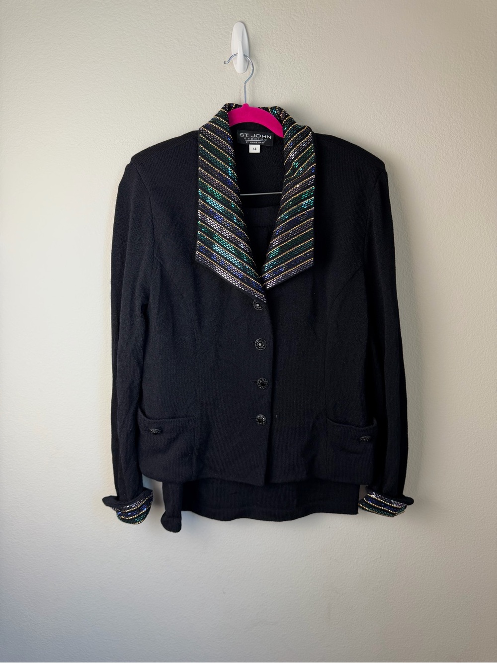 St. John Black Jacket with Iridescent Multicolor Trim & black skirt set